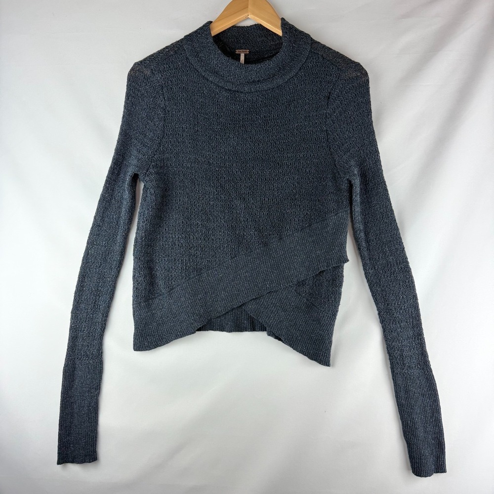 Free People Women's Cropped Wrap Front Gray Linen Knit Mock Neck Sweater Sz: S